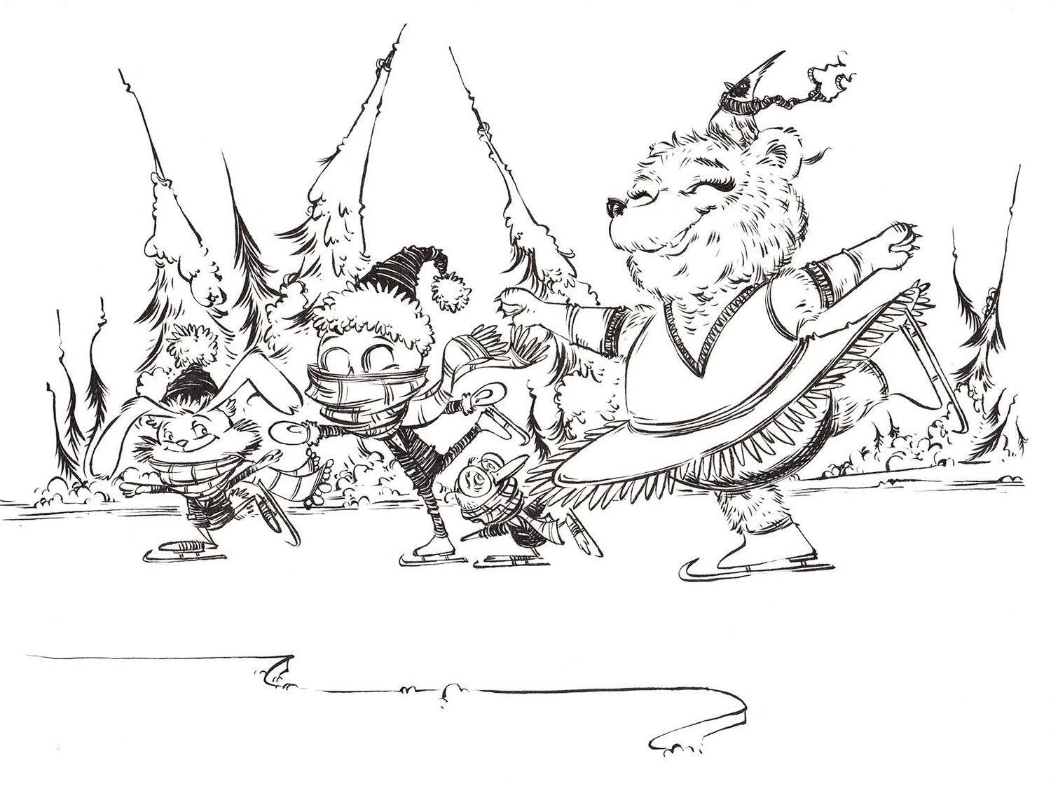 Children’s book illustration of Wally ice-skating on a frozen pond, joyful and dynamic winter scene with motion and laughter.