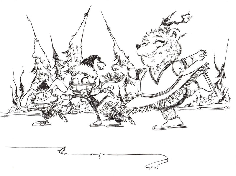 Children’s book illustration of Wally ice-skating on a frozen pond, joyful and dynamic winter scene with motion and laughter.