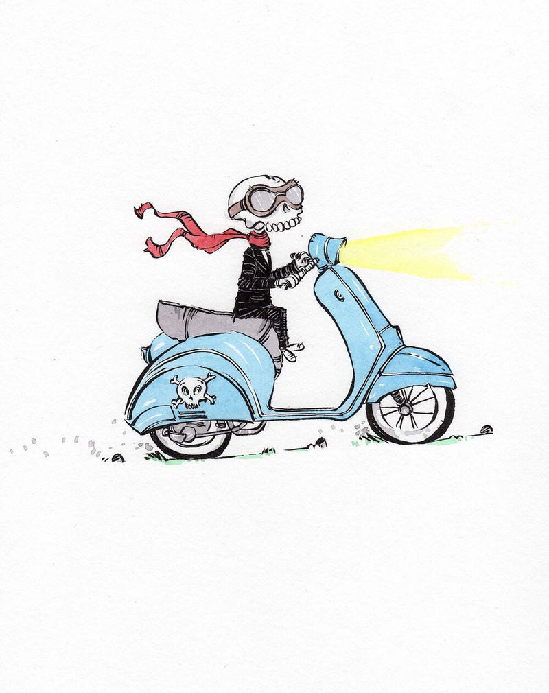 Illustration of Wally riding a red Vespa scooter with joyful energy, cartoon style emphasizing motion and freedom.