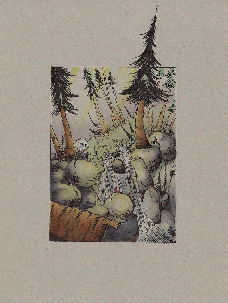 Illustration of Wally standing near a tall waterfall surrounded by rocks and greenery, filled with curiosity and wonder.