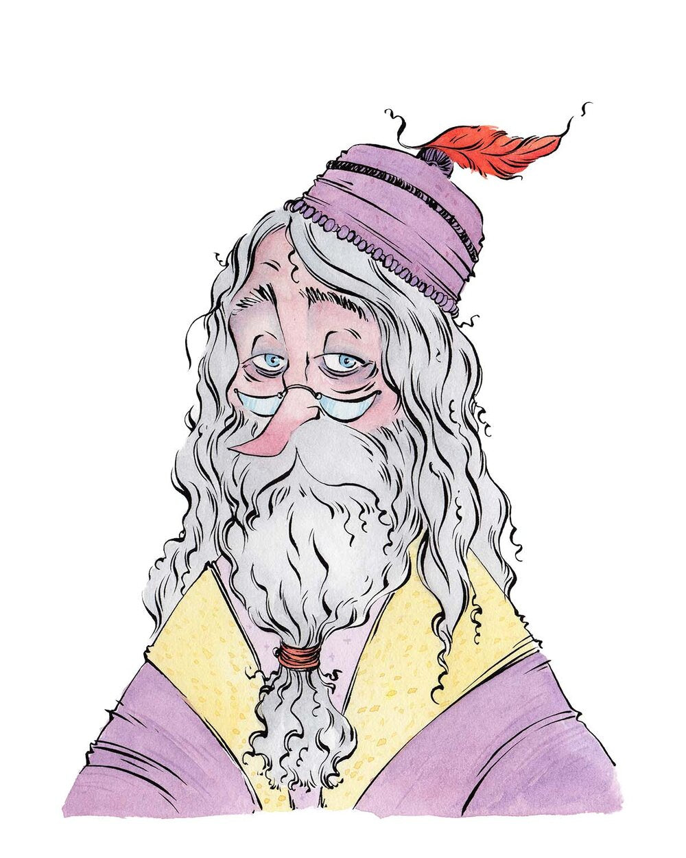 Bust portrait of Dumbledore with calm expression, detailed linework and wizarding atmosphere by Anthony Wheeler.