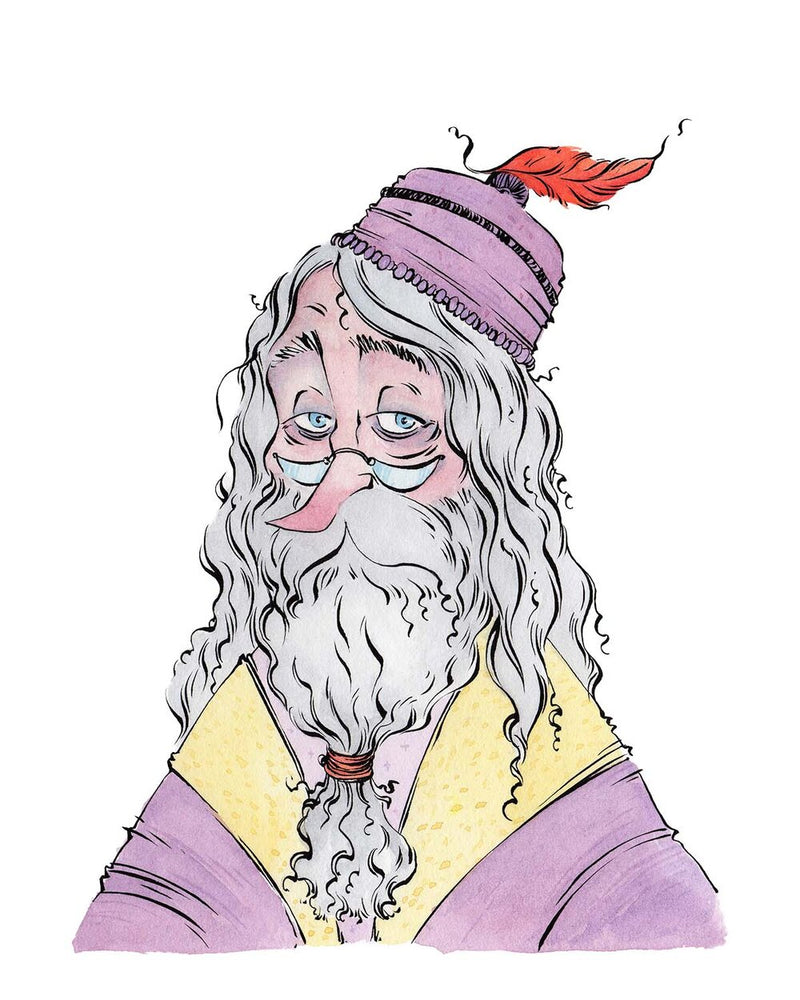 Bust portrait of Dumbledore with calm expression, detailed linework and wizarding atmosphere by Anthony Wheeler.