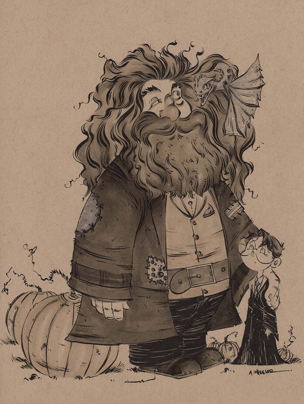 Illustration of Hagrid and Harry walking together across the Hogwarts grounds, warm mentor–student moment.