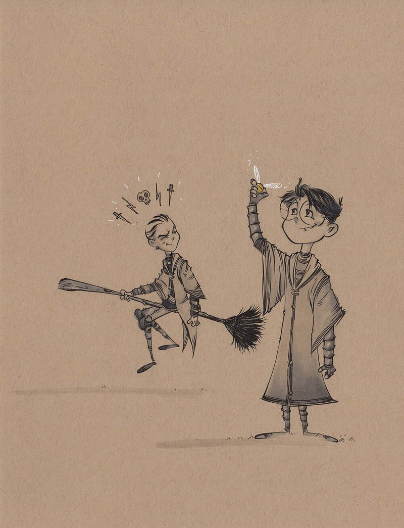 Illustration of Harry and Draco in mid-duel stance, capturing rivalry and tension in the wizarding classroom.