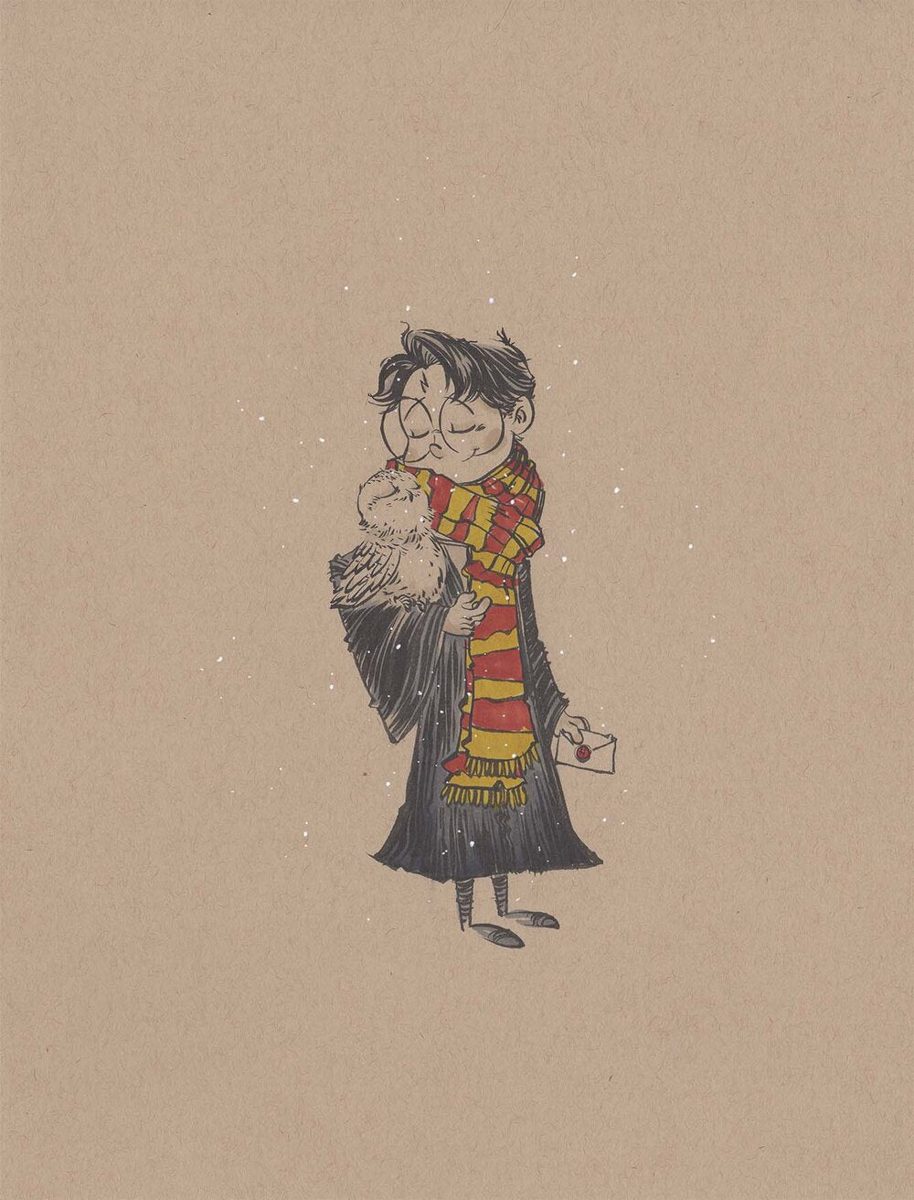 Illustration of Harry holding Hedwig the owl, toned sketch emphasizing companionship and gentle mood.