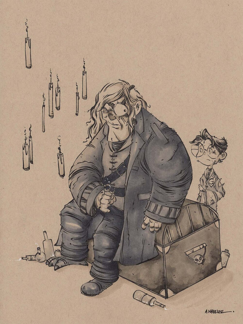 Illustration of Harry and Mad-Eye Moody side by side, detailed rendering of magical mentor and student dynamic.