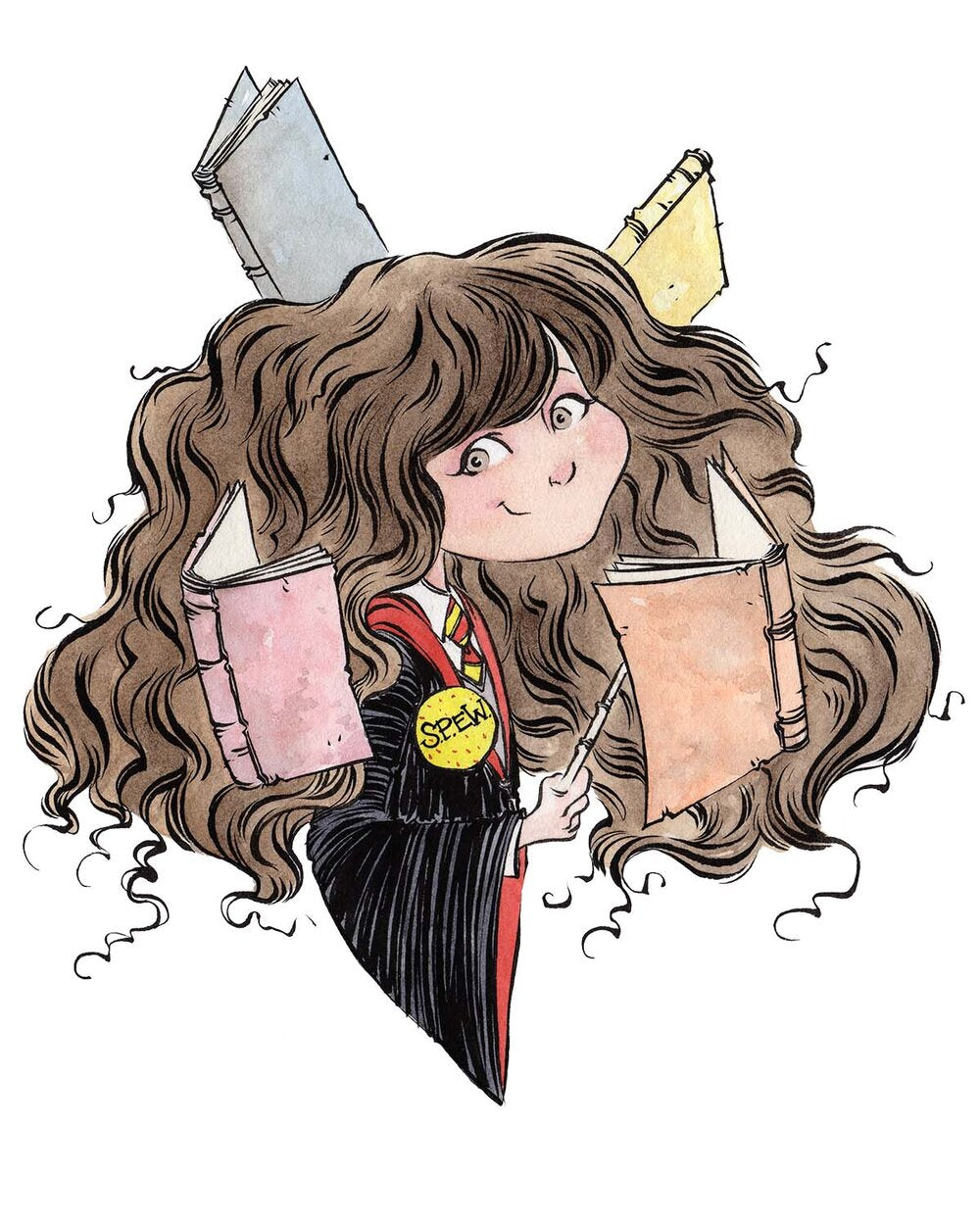 Bust portrait of Hermione Granger smiling confidently, illustrated in Anthony Wheeler’s stylized fantasy art style.