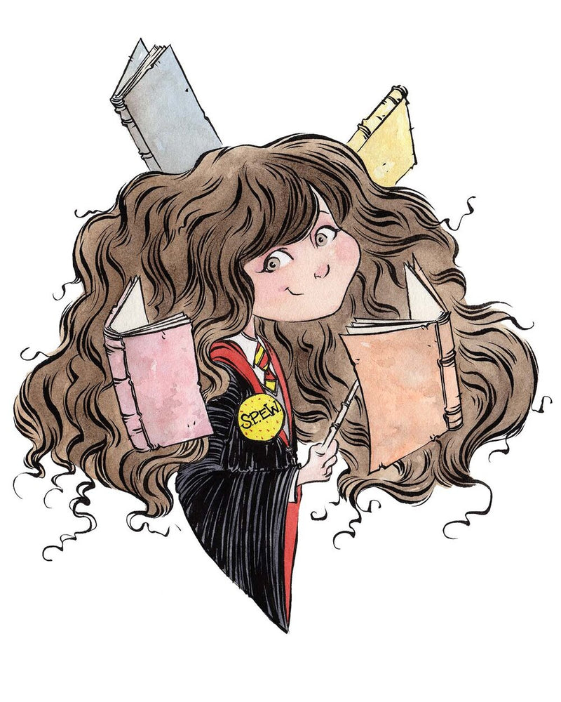 Bust portrait of Hermione Granger smiling confidently, illustrated in Anthony Wheeler’s stylized fantasy art style.