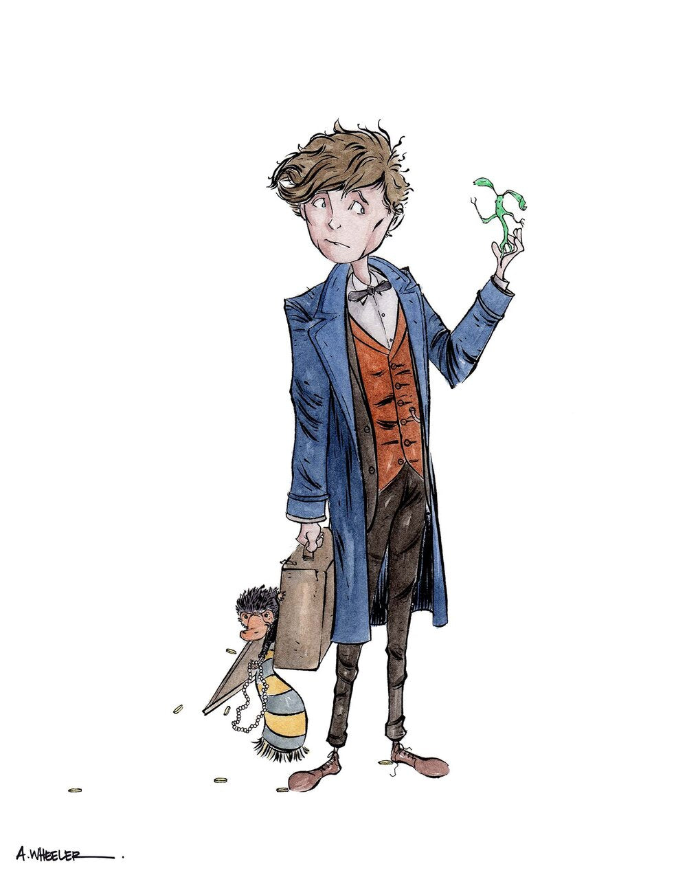 Whimsical wizarding school illustration featuring Polliwog the salamander, magical creature design by Anthony Wheeler.