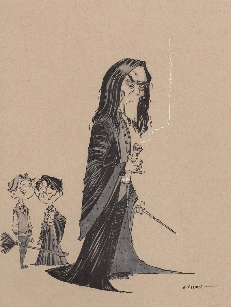 Character illustration of Professor Snape standing in classroom shadows with potion bottles in the background, wizarding school series.