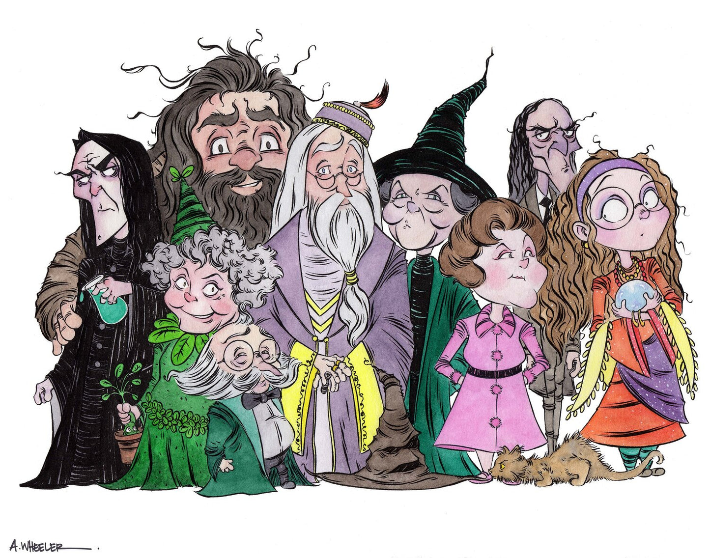 Group portrait of wizarding academy professors drawn by Anthony Wheeler, showcasing magical teachers in distinctive robes.